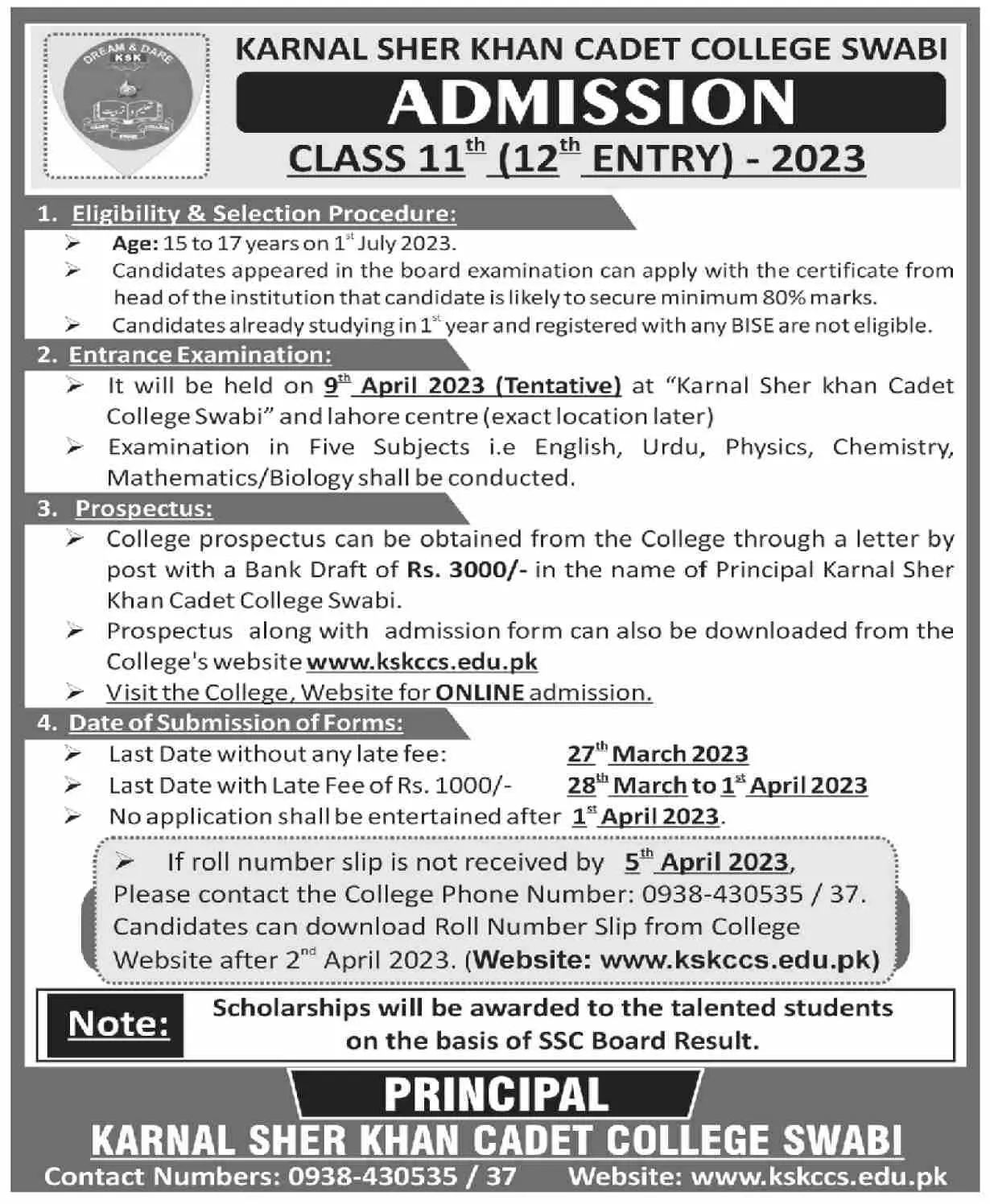 Karnal Sher Khan Cadet College Swabi Admissions