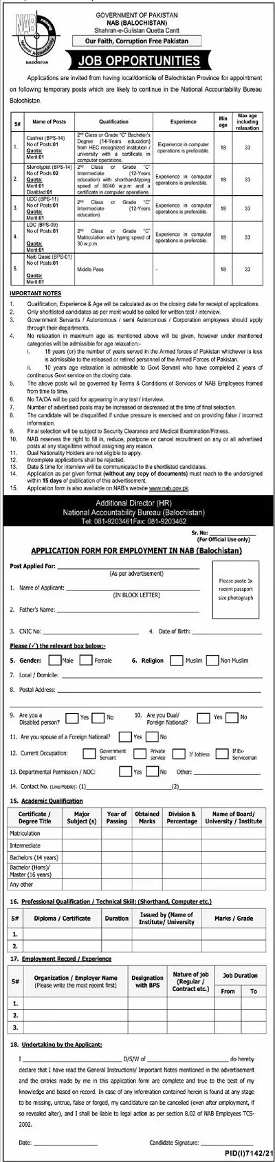 Jobs In National Accountability Bureau Balochistan 