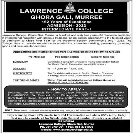 Admission in Lawrence College Ghora Gali Murree