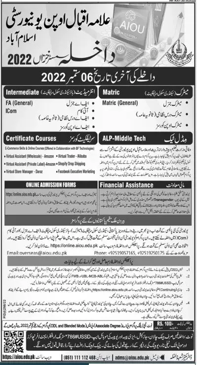 Admission In Allama Iqbal Open University Islamabad