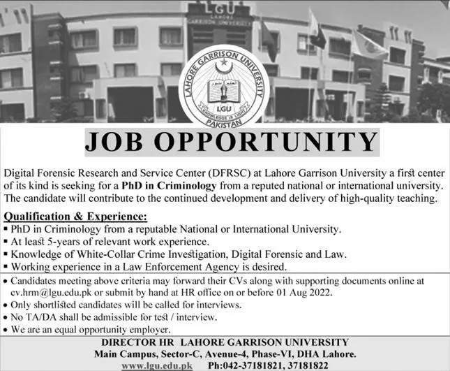 Jobs in Lahore Garrison University 