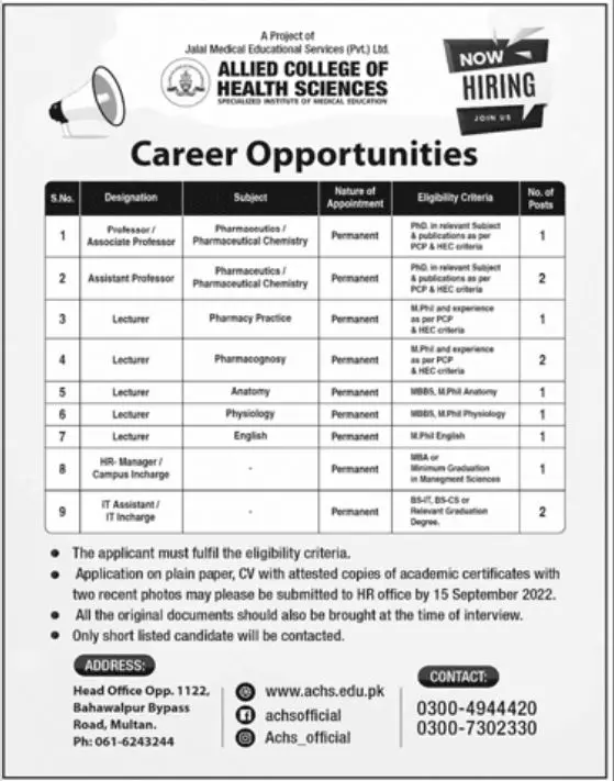 Allied College of Health Sciences Jobs 2022