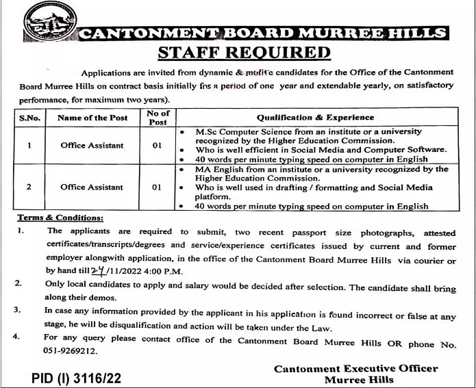 Cantonment Board Murree Hills Jobs 2022