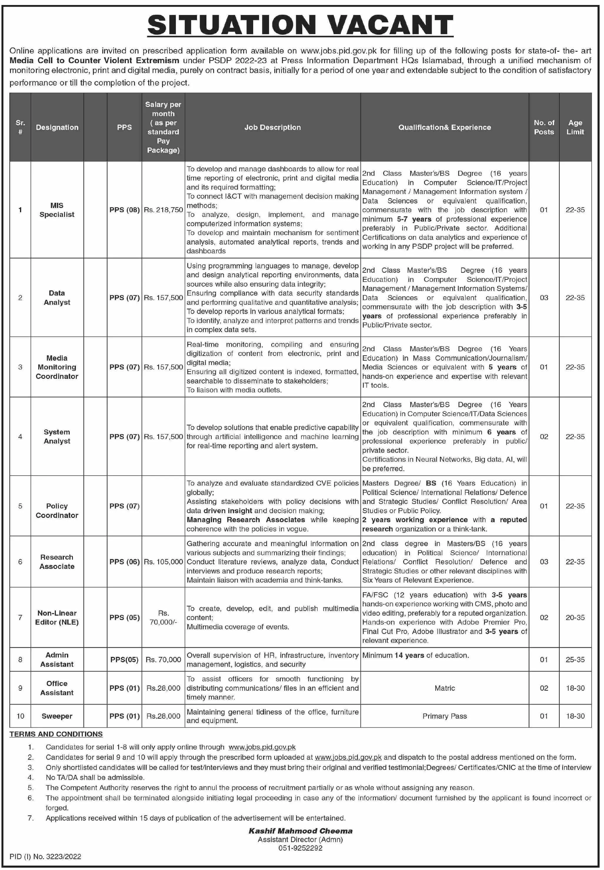 Press Information Department PID Islamabad Jobs 2022 