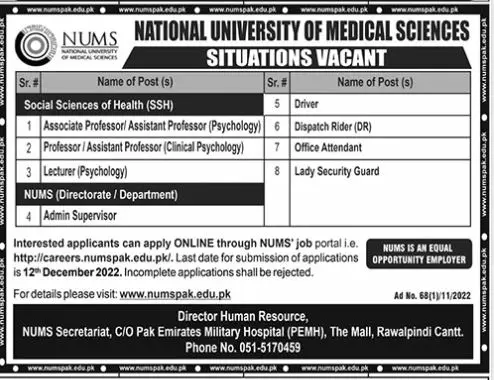 National University of Medical Sciences Nums Jobs 2022