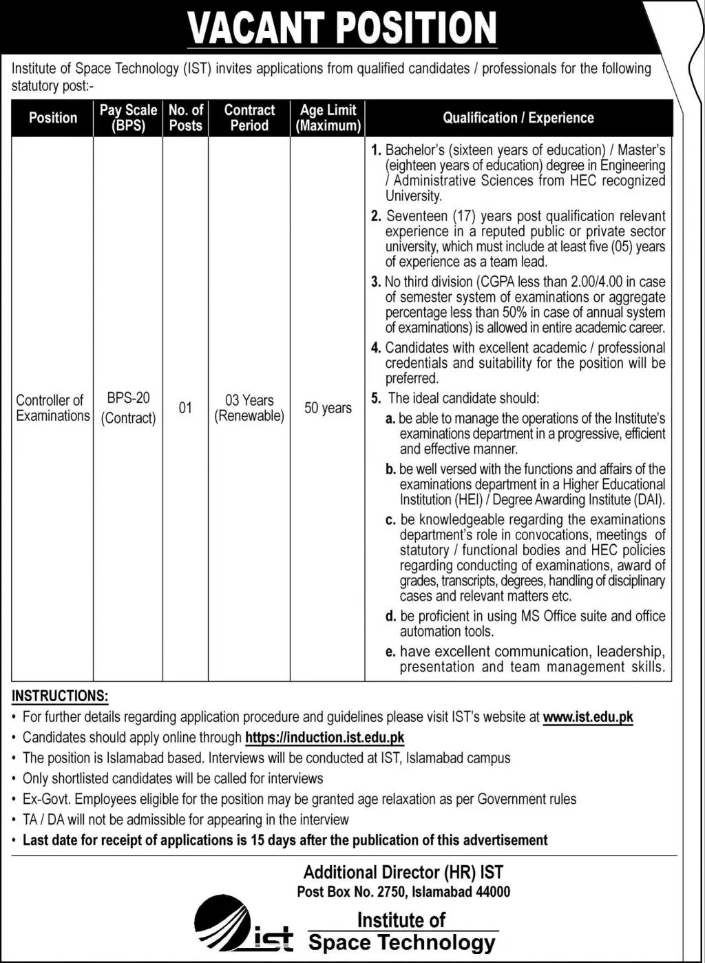 Institute of Space Technology IST Jobs 2022