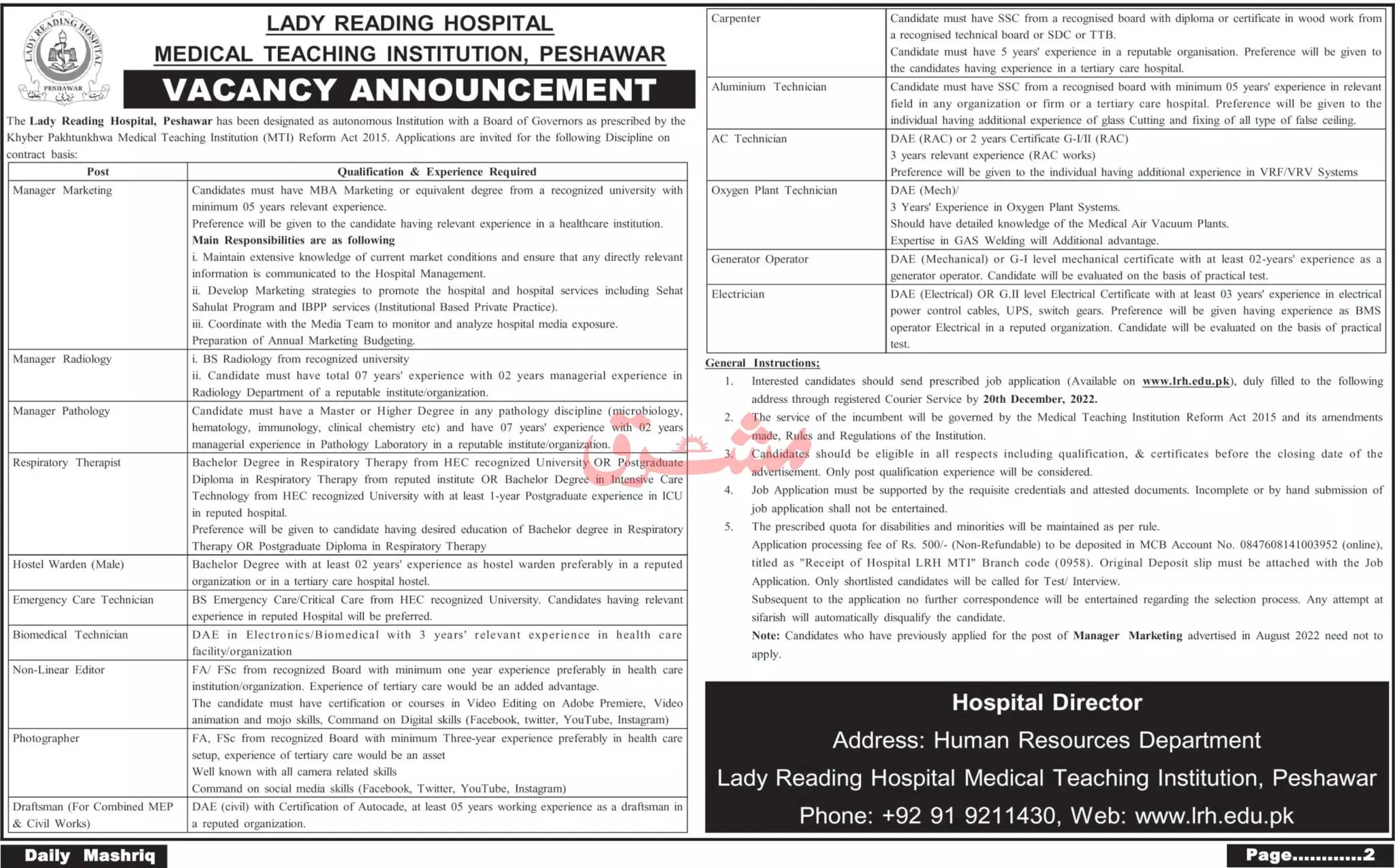 Lady Reading Hospital Peshawar Khyber Pakhtunkhwa Jobs 2022