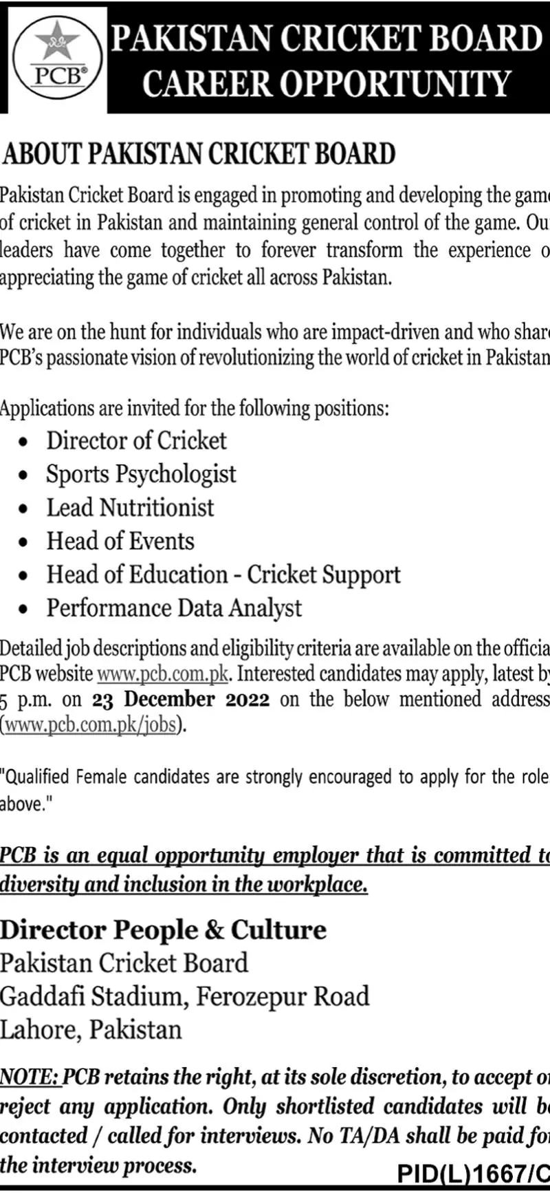 Pakistan Cricket Board PCB Jobs 2022