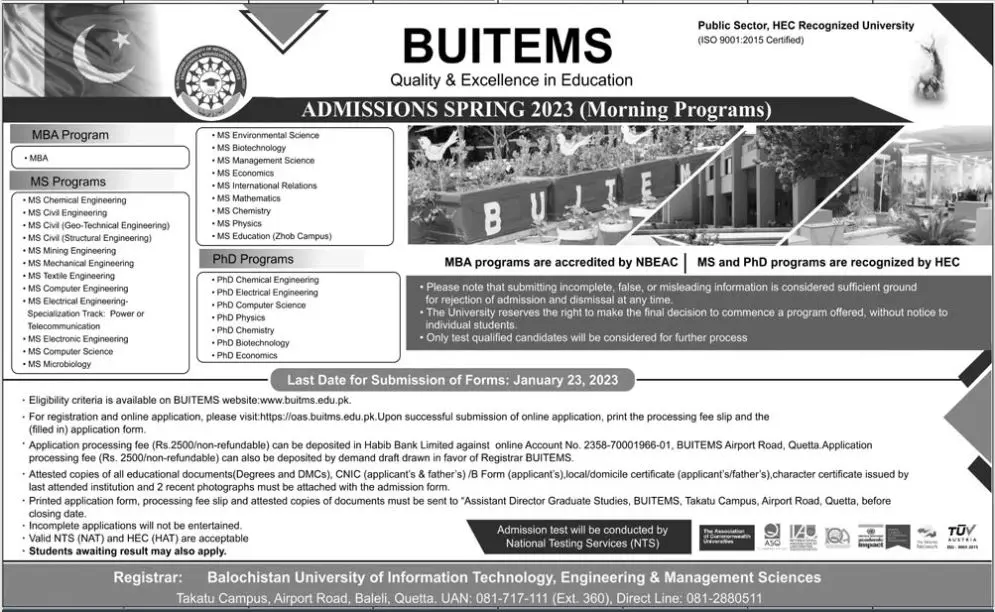 Balochistan University of Engineering & Technology Admission