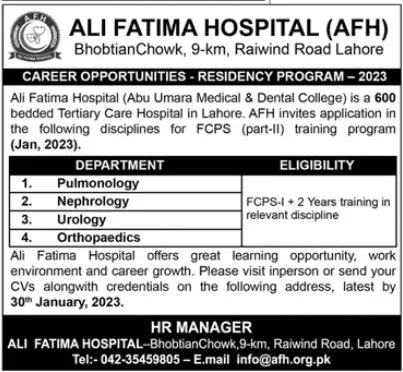 Ali Fatima Hospital AFH Jobs 2023