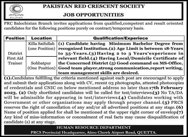 Pakistan Red Crescent Society Jobs 2023