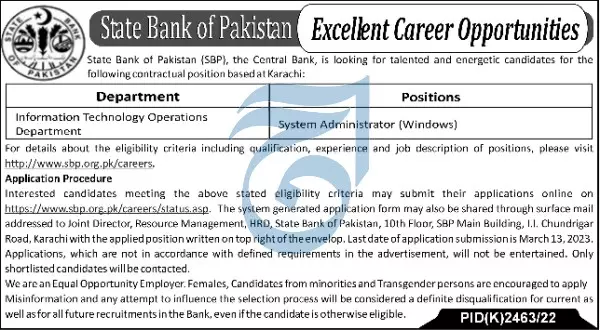 State Bank of Pakistan Karachi Jobs 2023