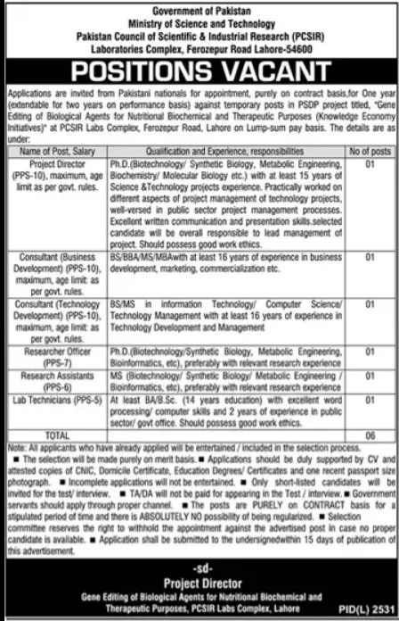 Pakistan Councial of Scientific & Industrial Research Jobs