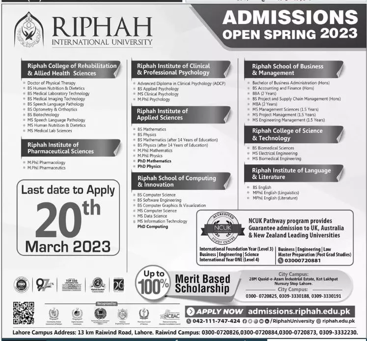 Riphah International University Admissions 2023