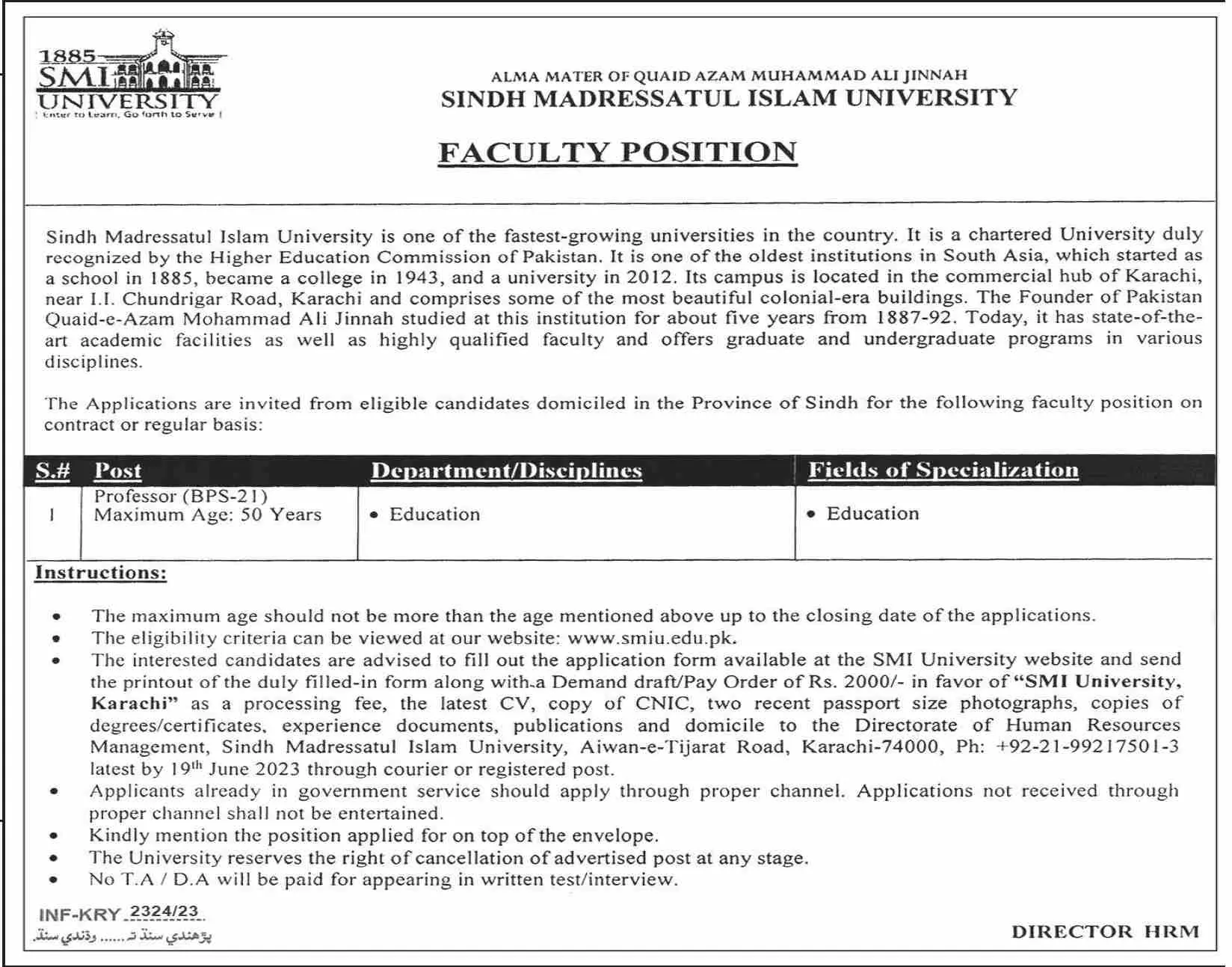 Sindh Madressatul Islam University Jobs 2023