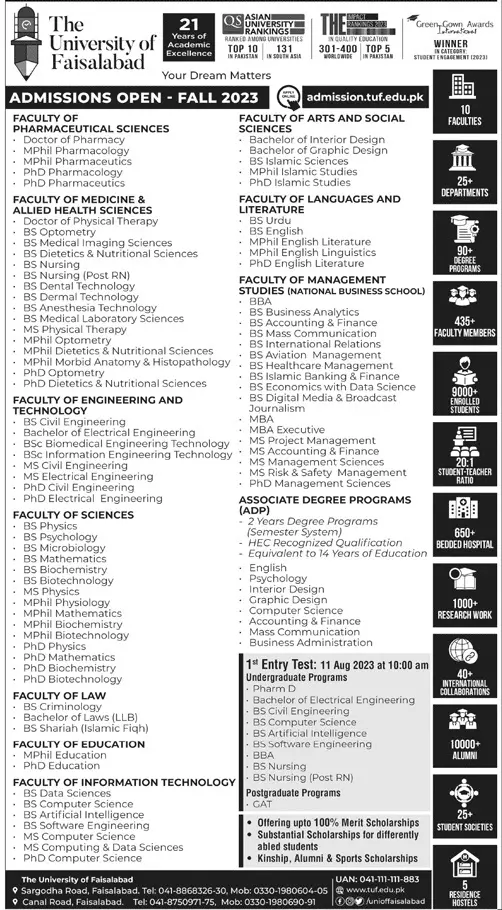 The University of Faisalabad Admissions 2023