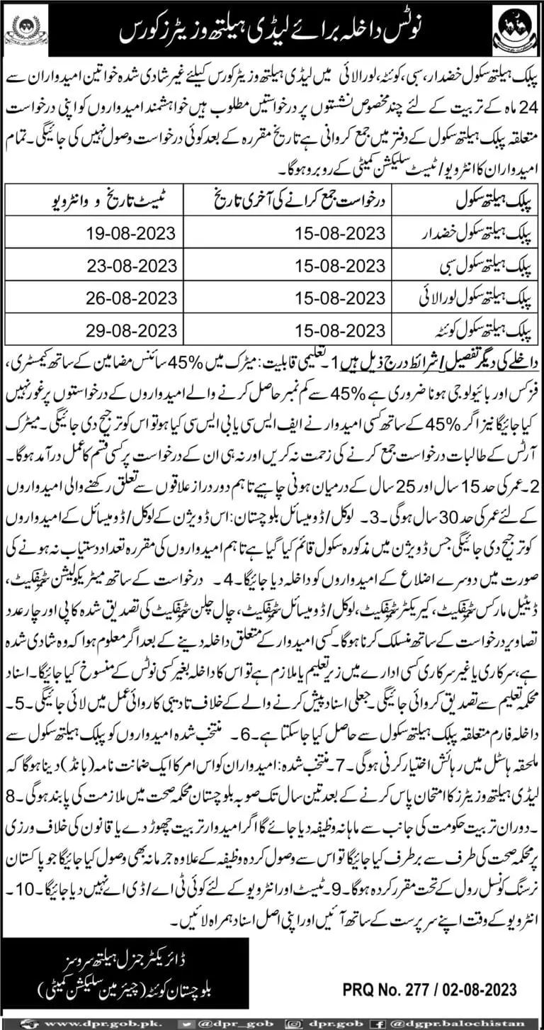 Director General Health Services Balochistan Admissions 2023