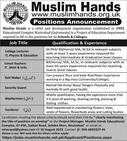 Muslim Hands Educational Complex Wazirabad Jobs 2023