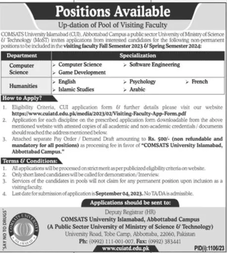 comsats University Islamabad Abbottabad Campus Jobs 2023