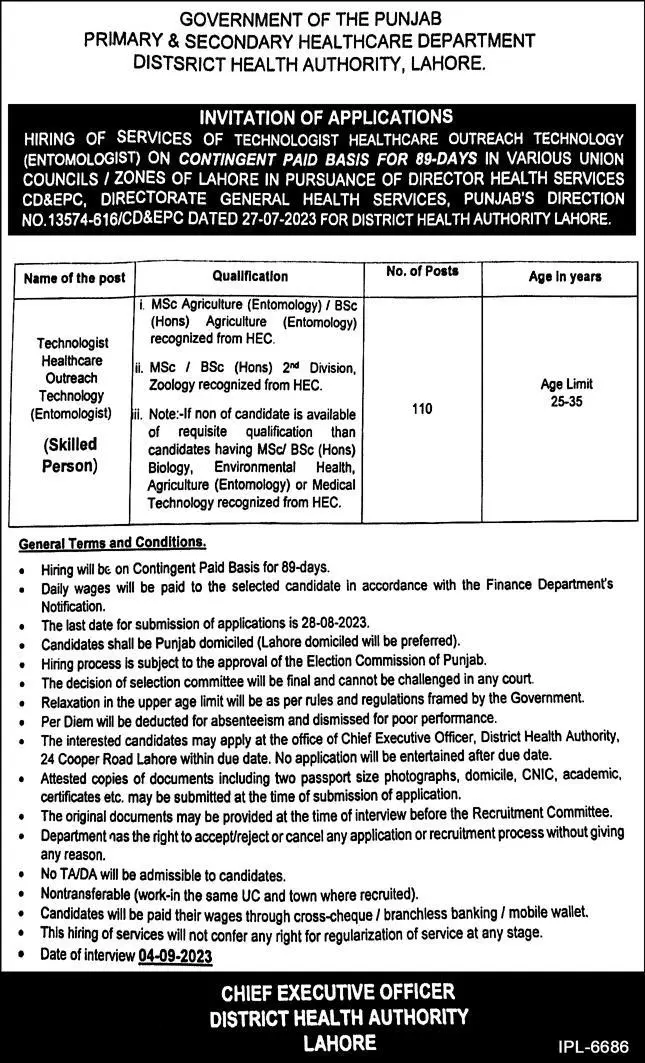 Primary & Secondary Healthcare Department Lahore Jobs 2023