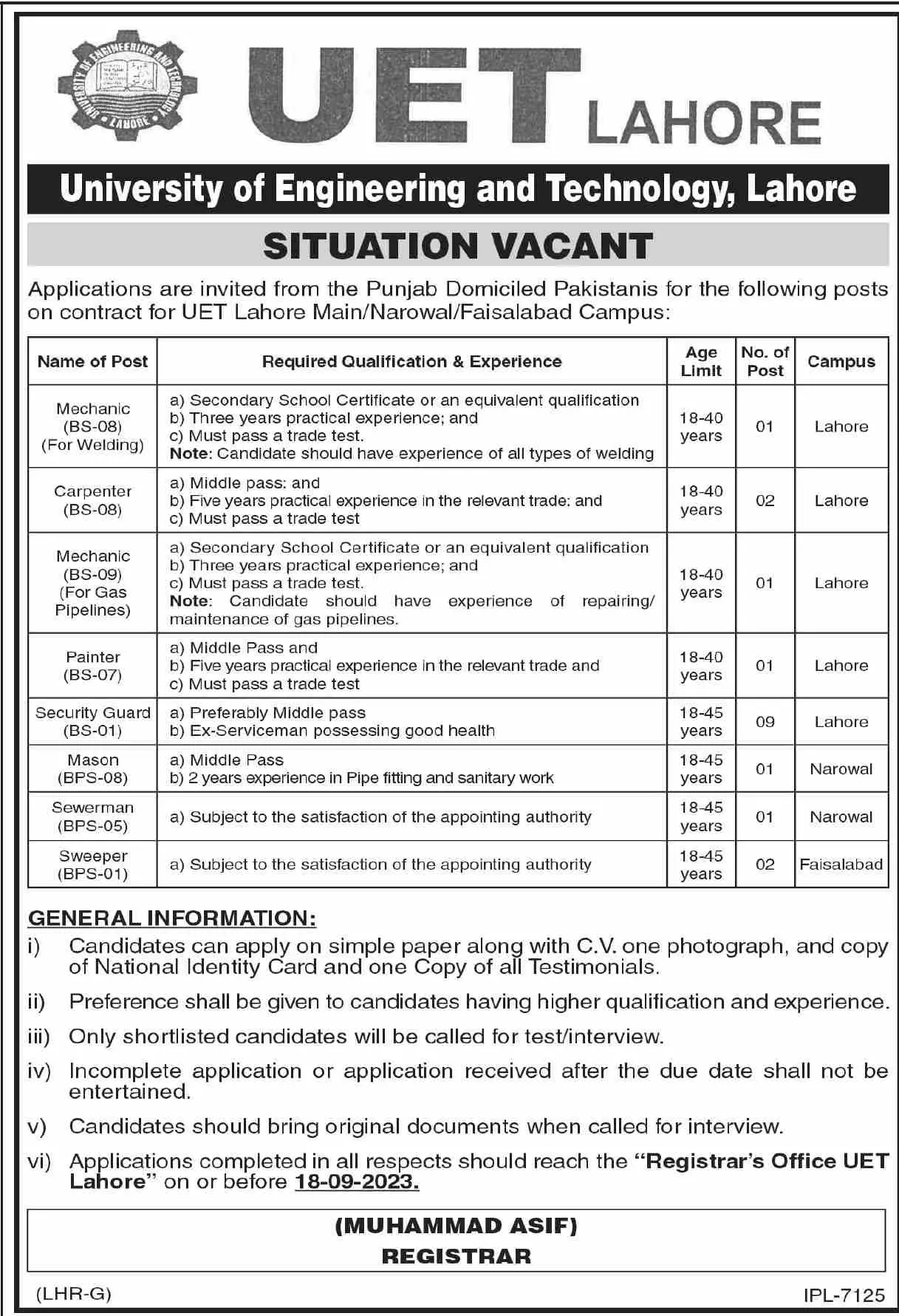 University Of Engineering And Technology UET Lahore Jobs 