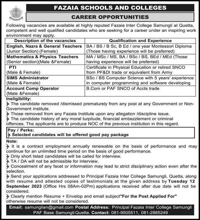 Fazaia School & College Quetta Jobs 2023