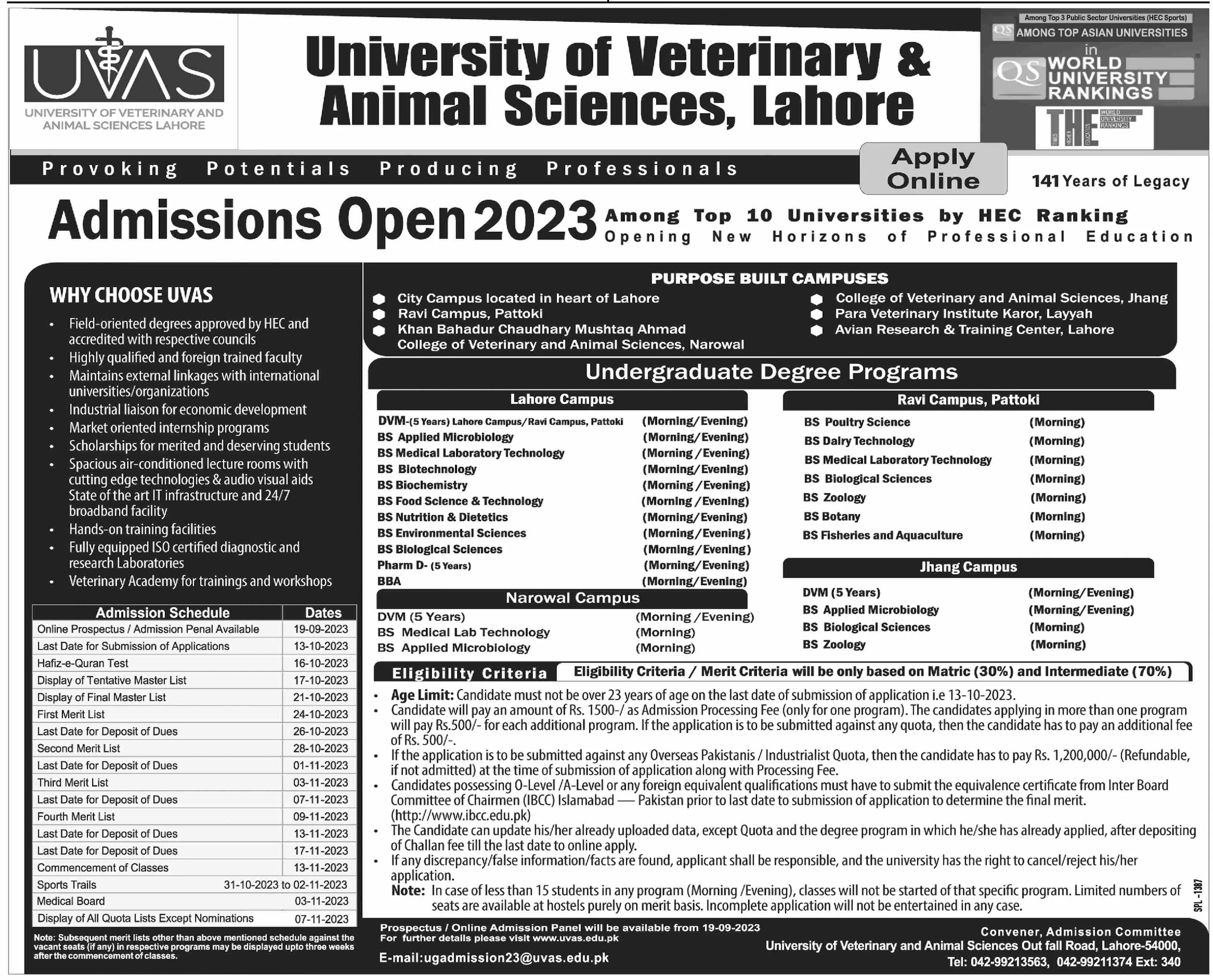 University of Veterinary & Animal Sciences Admissions 2023