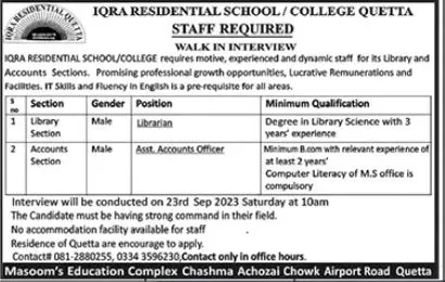 Iqra Residential School & College Quetta Jobs 2023