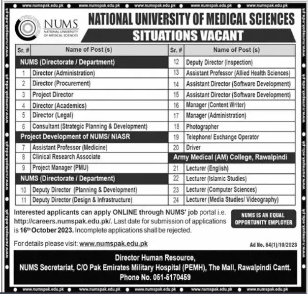National University of Medical Science Nums Jobs 2023