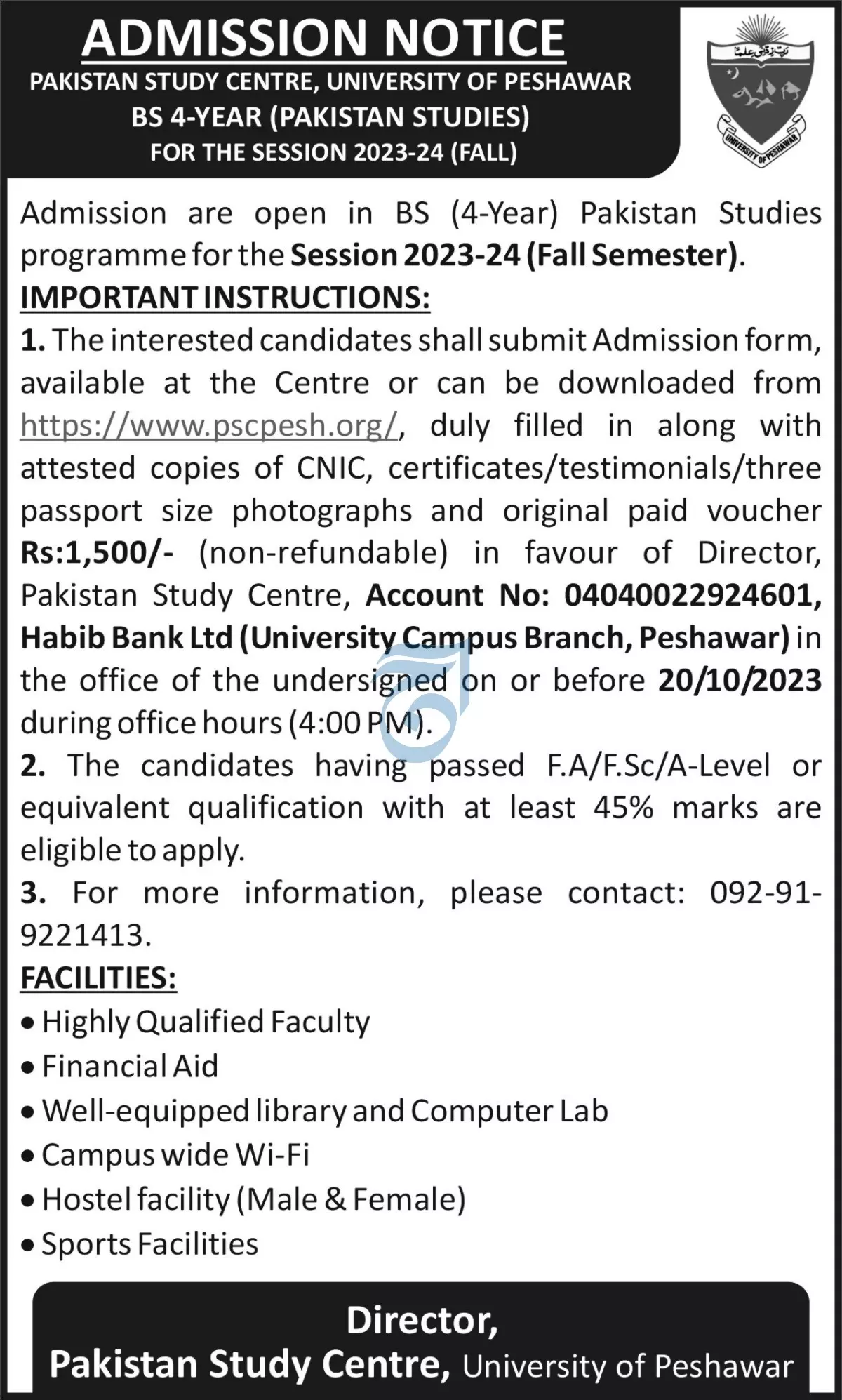 Pakistan Study Centre Universitty of Peshawar Admissions 