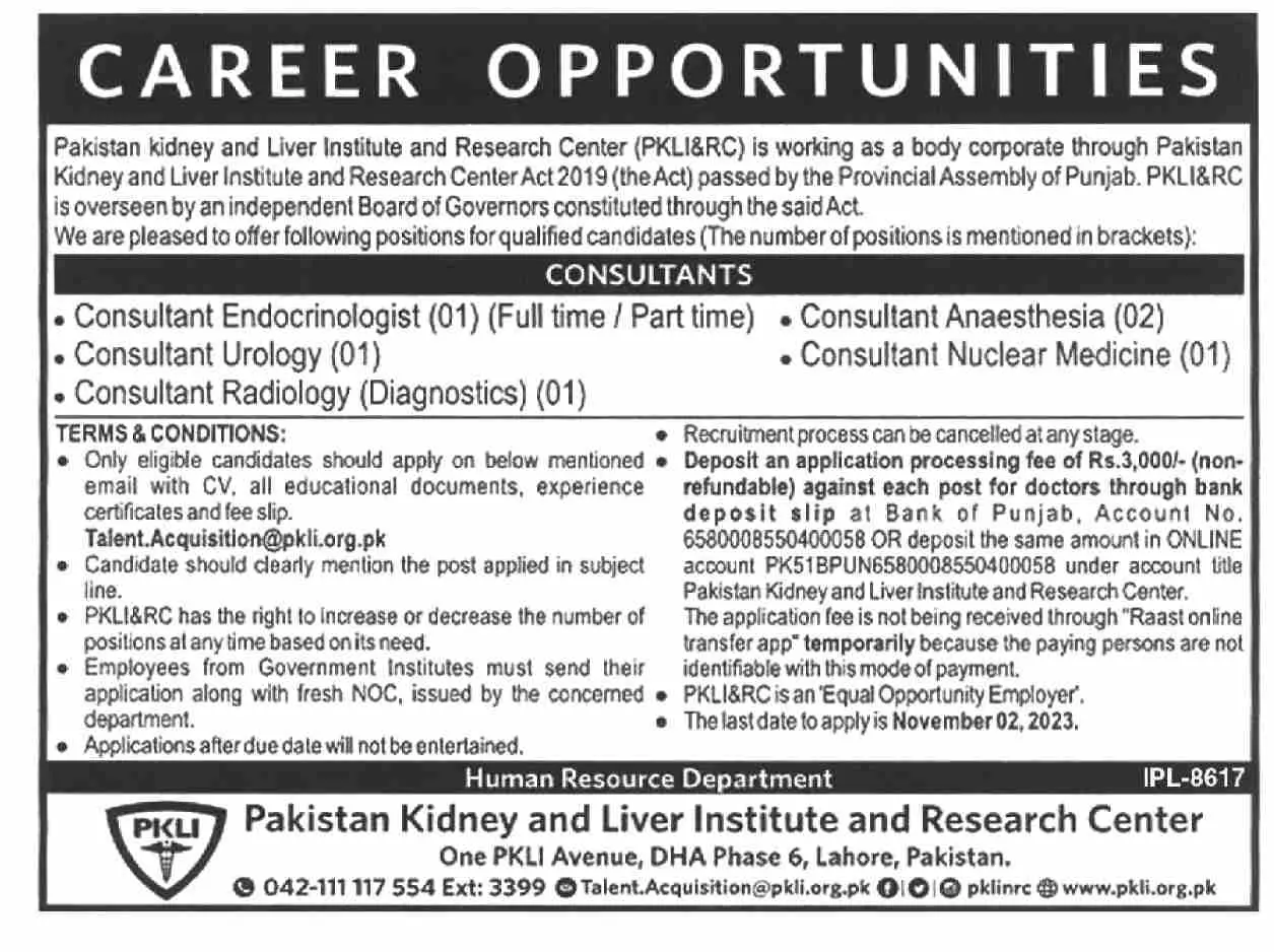 Pakistan Kidney & Liver Institute and Research Centre Jobs