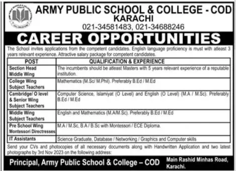 Army Public School Karachi Sindh Jobs 2023