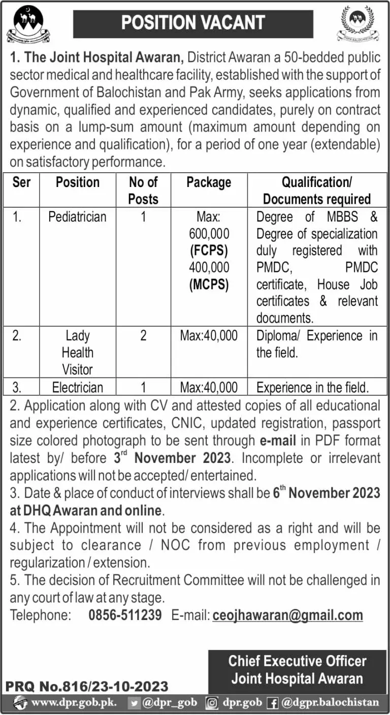 Joint Hospital Awaran Balochistan Jobs 2023