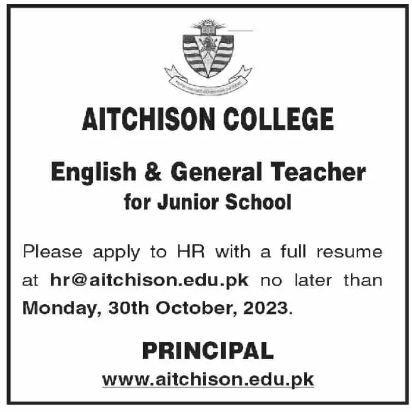 Aitchison College Education Lahore Jobs 2023
