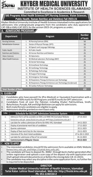Khber Medical University Institute of Health Admissions 2023