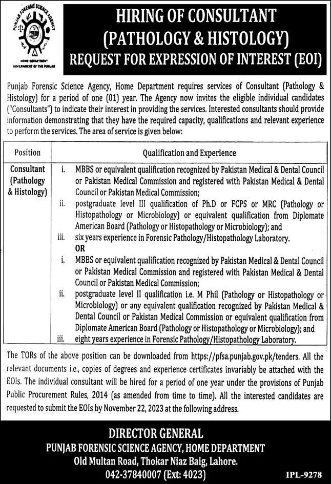 Punjab Forensic Science Agency PFSA Lahore Jobs 2023 