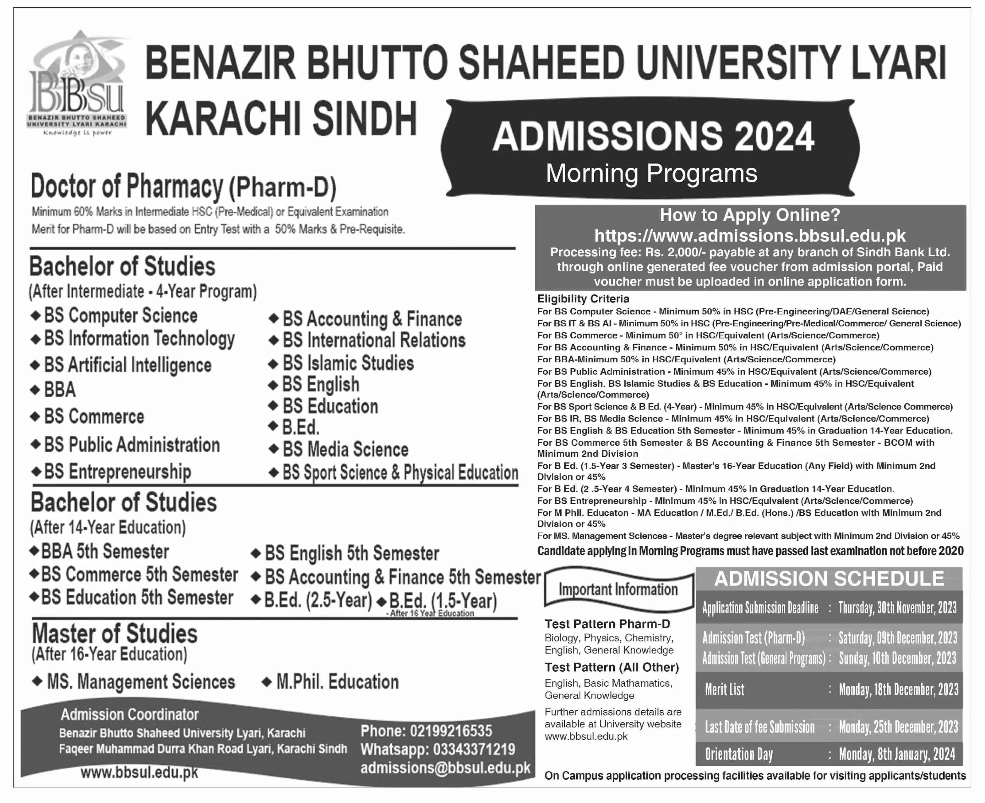 Benazir Bhutto Shaheed University Lyari Admissions 2024