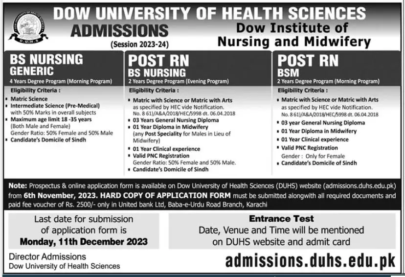 Dow University of Health Science Karachi Admissions 2023