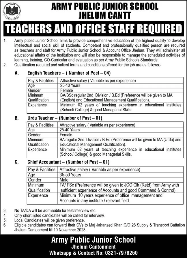 Army Public School Jhelum Cantt Punjab Job 2023