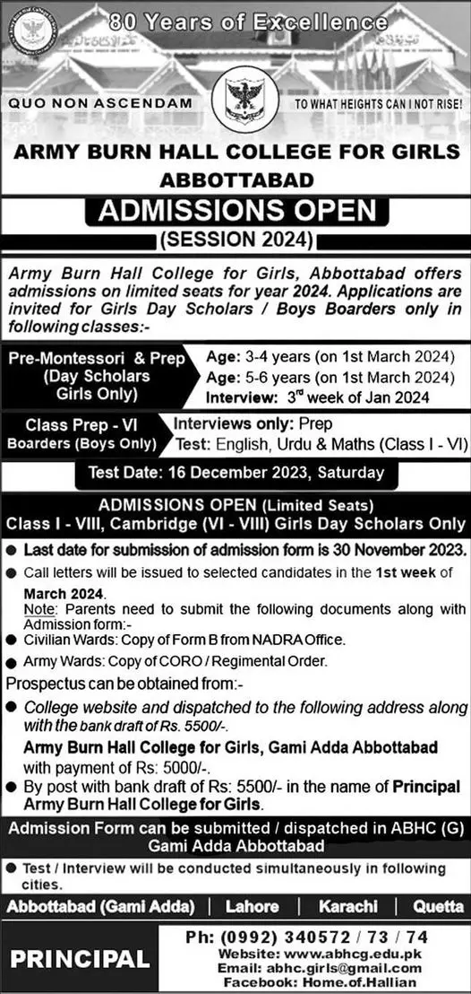 Army Burn Hall College For Girls Abbattobad Admissions 