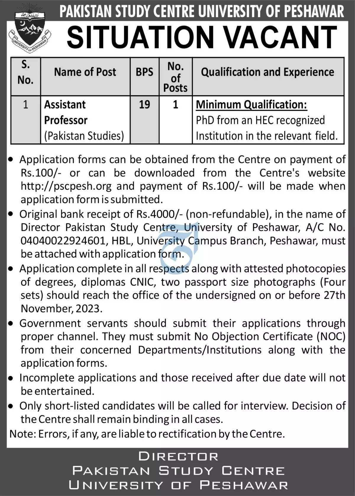 Pak Study Centre University of Peshawar Jobs 2023