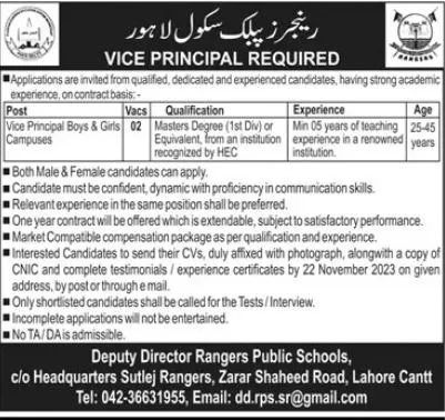 Rangers Public School Lahore Jobs 2023