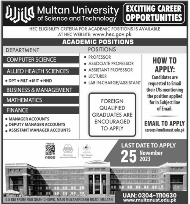 Multan University of Science & Technology Multan Jobs 2023