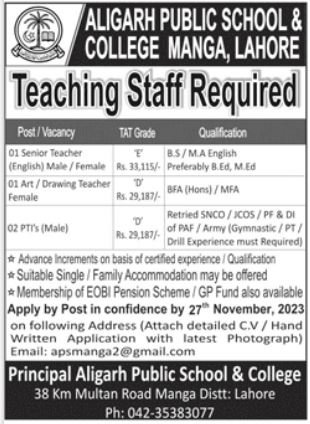 Alighar Public School And College Manga Lahore Jobs 2023