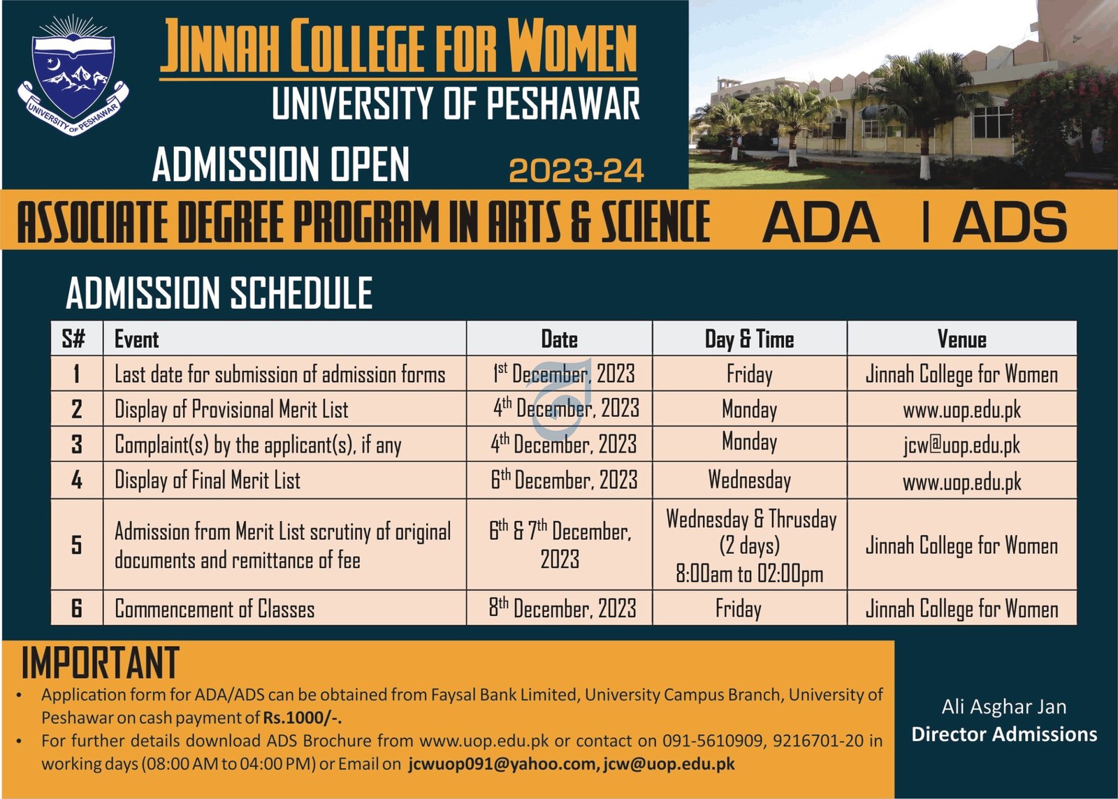 Admissiosn Open Jinnah College for Women 2023-24