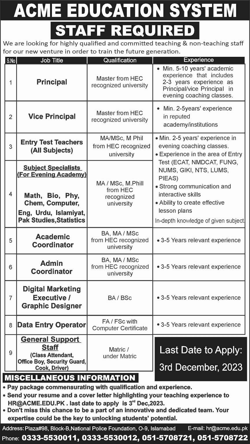 ACME Education System Education Islamabad Jobs 2023