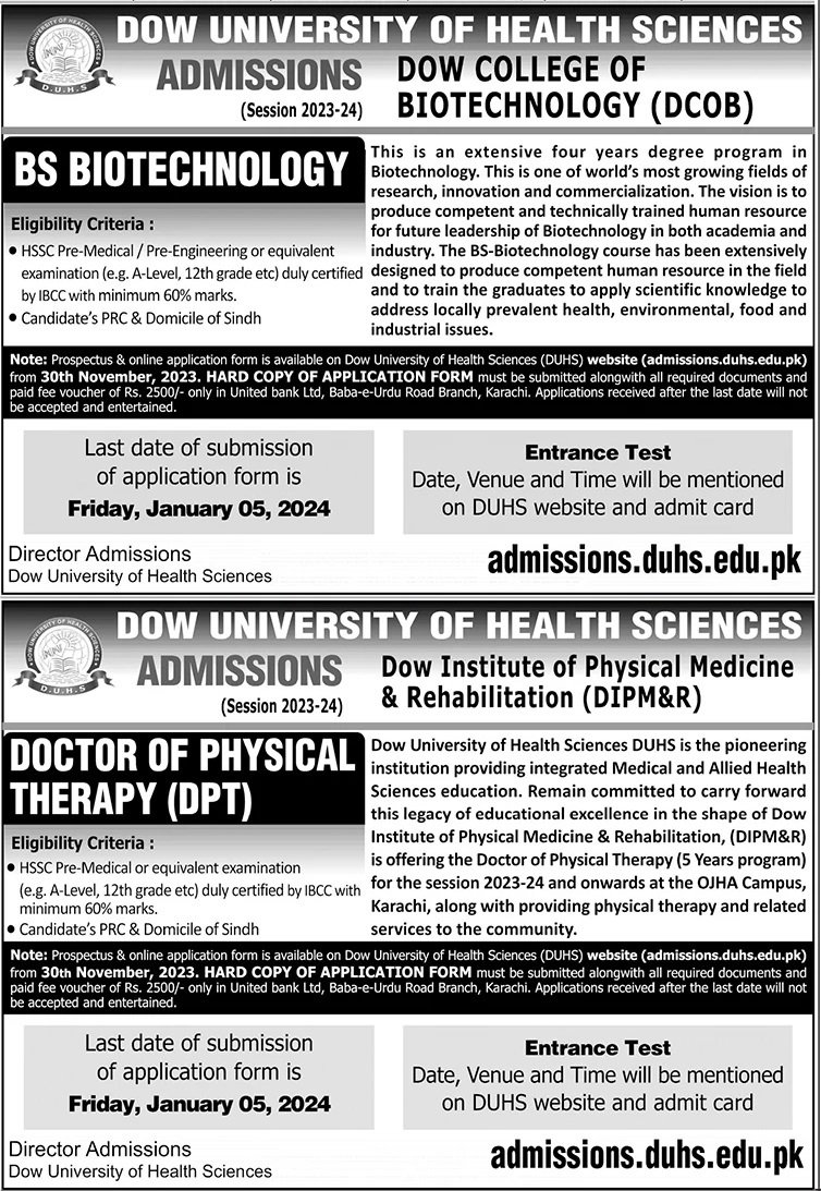 Admissions Open in Dow University of Health Sciences Karachi