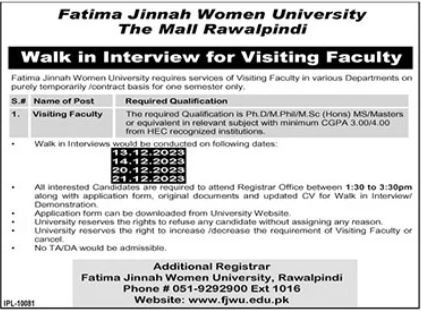 Fatima Jinnah Women University Visiting Faulty Jobs 2023 