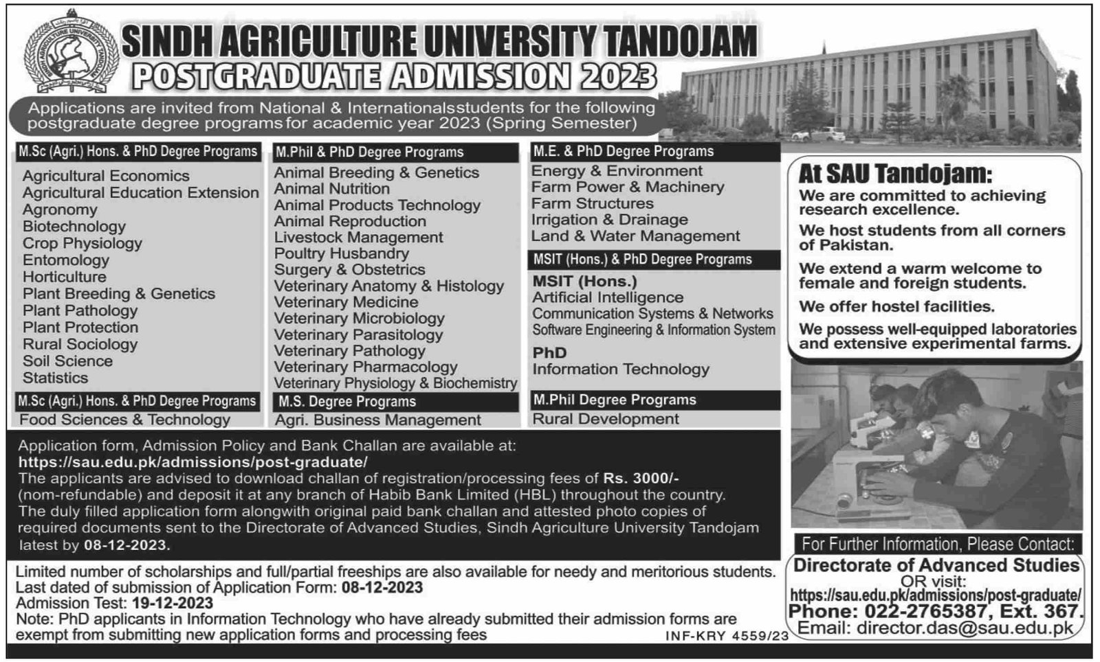 Admissions Open in Agriculture Universtty Tandojam 2023