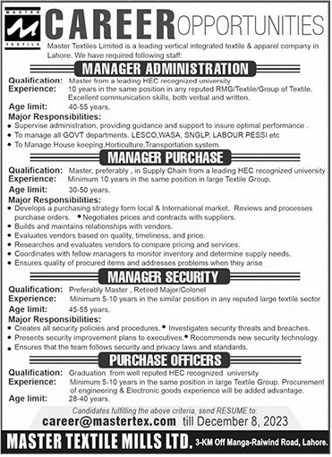 Master Textiles Limited Lahore Jobs 2023